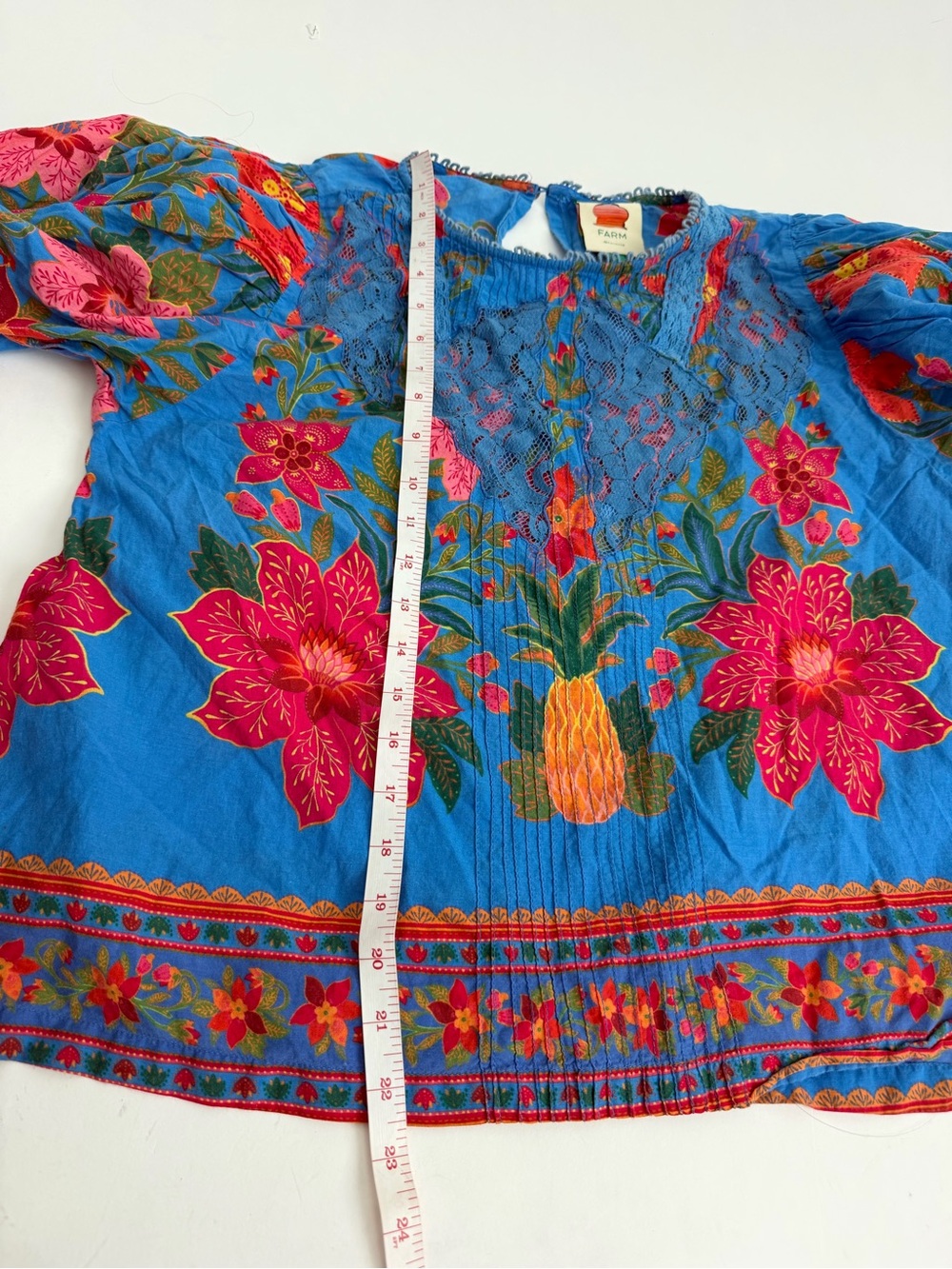 farm rio blue floral Blouse Bubble Sleeve With Tassels Tropical Island Beach - Picture 10 of 12